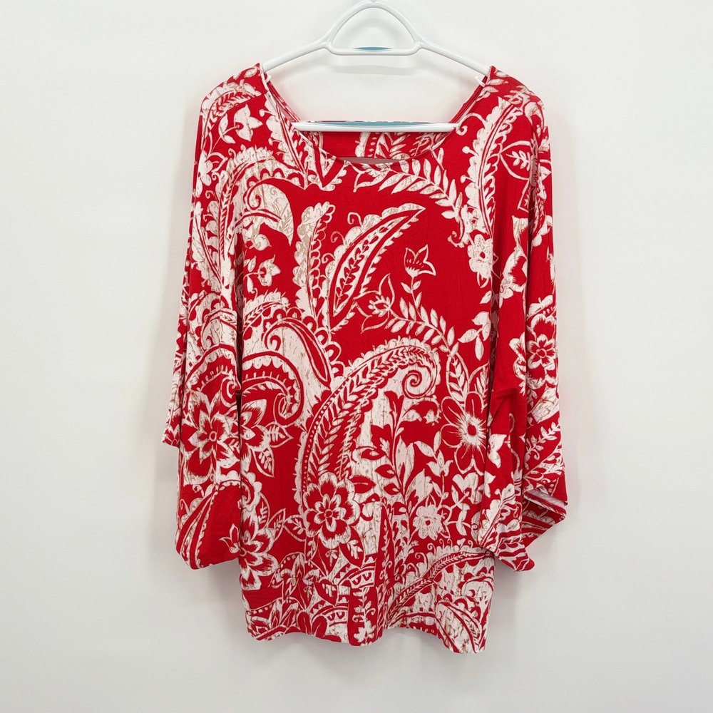 Chicos Red White Paisley Floral Dolman Sleeve Tunic Top Size 3 XL 570207822
